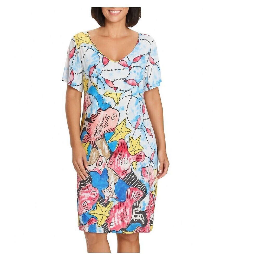 Jams World dress Fishtastic knee length V-neck coral blue fish print LG vinatge